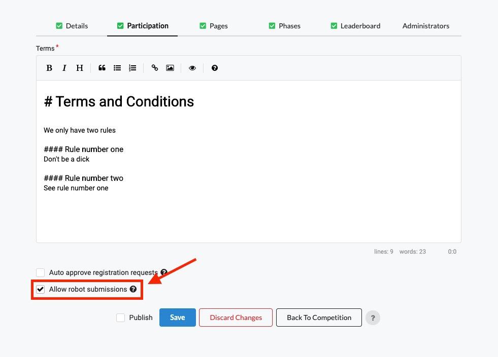 Edit Competition Page Allow Bots Checkbox